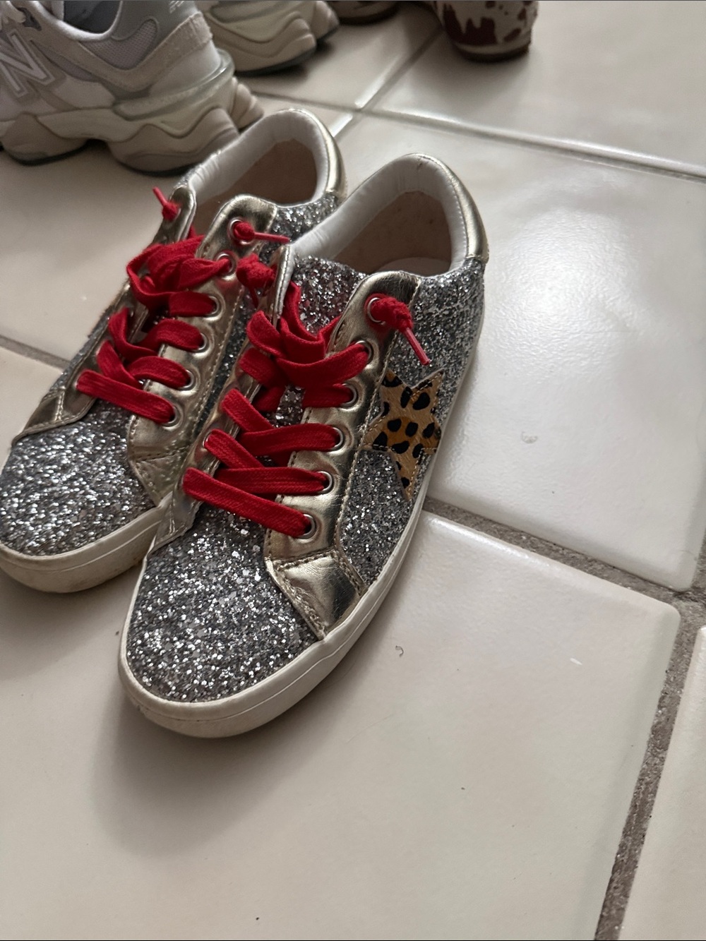 Bakers Silver Glitter Sneakers with Red Laces and Leopard Star